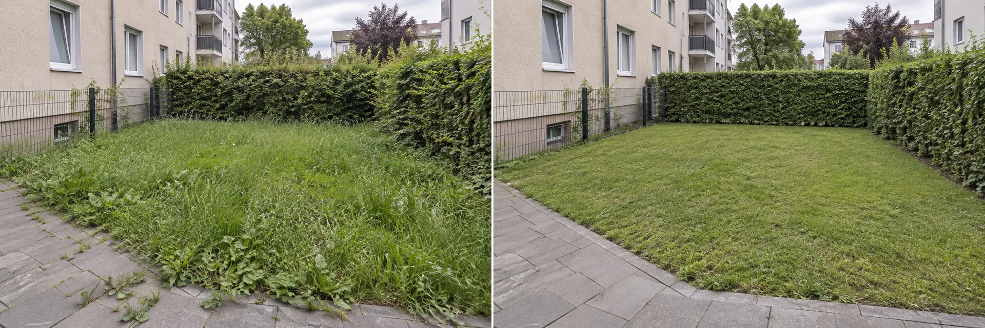 KI-generiertes Anschauungsbeispiel, nachher: Derselbe Innenhof mit gemähtem Rasen, geschnittener Hecke und freien Wegkanten